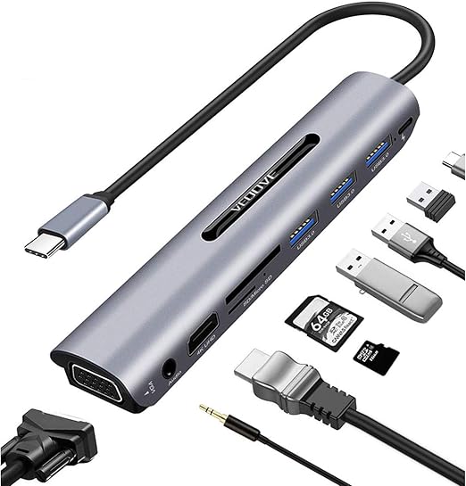 HUB Veoove USB C, 9-in-1 USB C to VGA Splitter with 4K Display & Audio, Compatible with MacBook Pro/Air and Other Type C Devices, Compact and Easy to Carry USB-C Multi-Port Adapter(Space Grey)