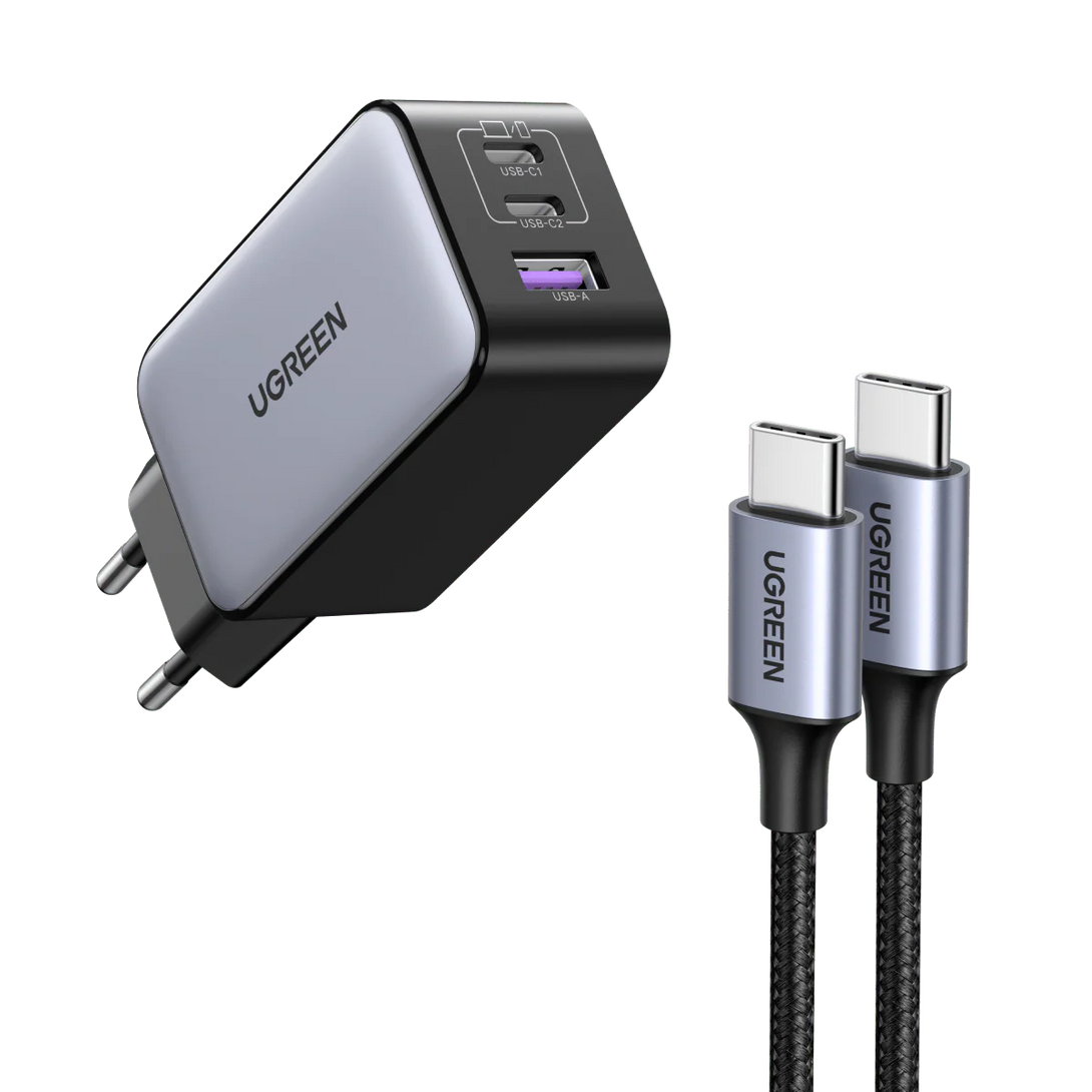 Charger UGREEN 65W Gan Fast Charger 3 port USB-C Charger , 2 Type -C a ...
